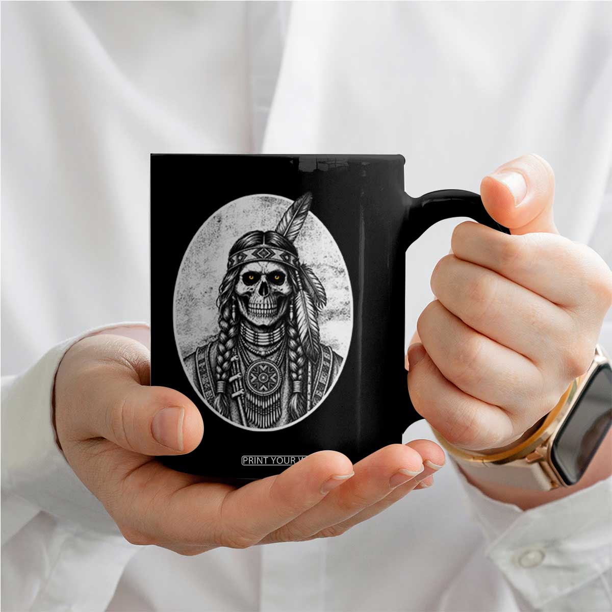 Vintage Gothic Skull Warrior Coffee Mug Native American Feather Chief