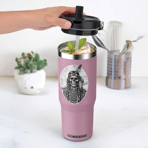 Vintage Gothic Skull Warrior Flip Straw Tumbler Native American Feather Chief