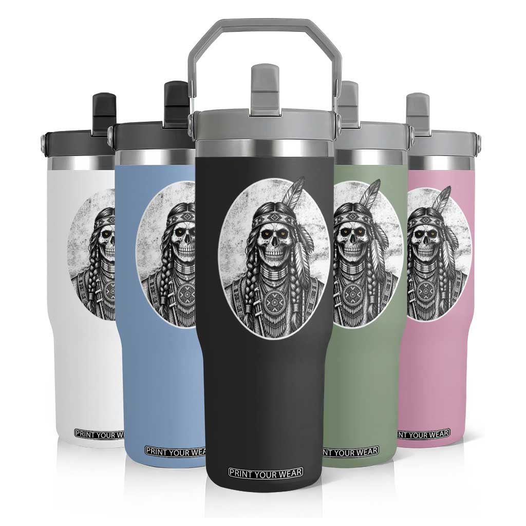 Vintage Gothic Skull Warrior Flip Straw Tumbler Native American Feather Chief