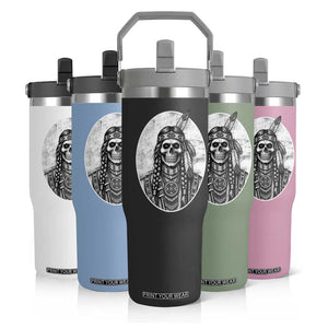 Vintage Gothic Skull Warrior Flip Straw Tumbler Native American Feather Chief