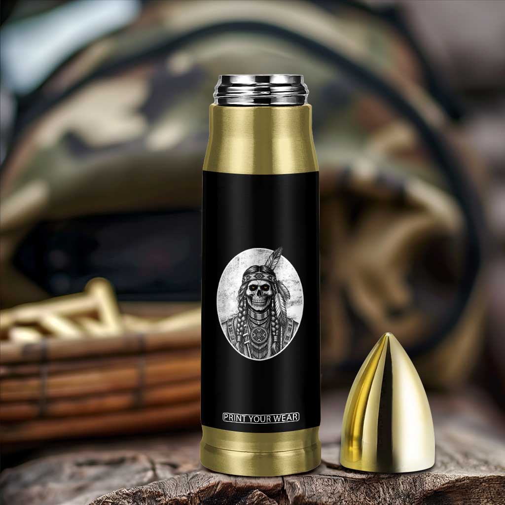 Vintage Gothic Skull Warrior Bullet Tumbler Native American Feather Chief