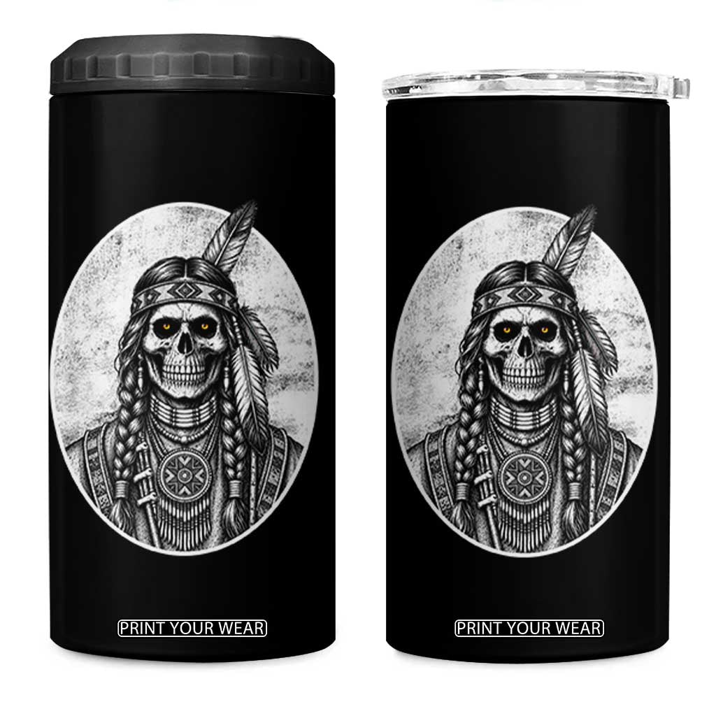 Vintage Gothic Skull Warrior 4 in 1 Can Cooler Tumbler Native American Feather Chief