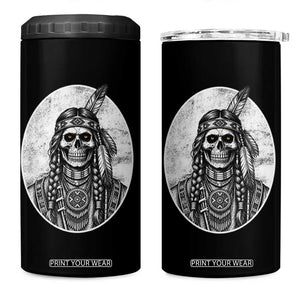 Vintage Gothic Skull Warrior 4 in 1 Can Cooler Tumbler Native American Feather Chief