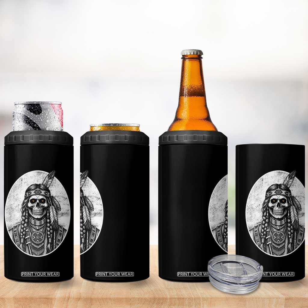 Vintage Gothic Skull Warrior 4 in 1 Can Cooler Tumbler Native American Feather Chief
