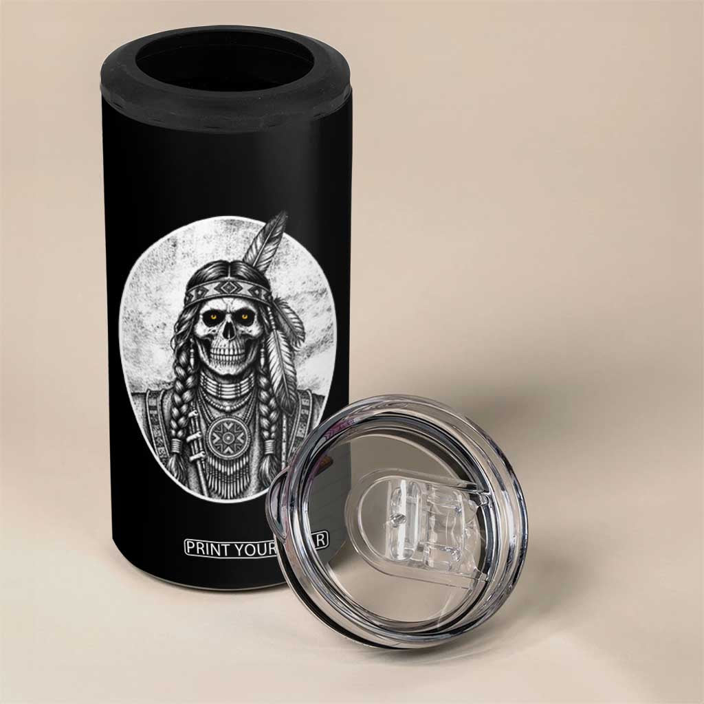 Vintage Gothic Skull Warrior 4 in 1 Can Cooler Tumbler Native American Feather Chief