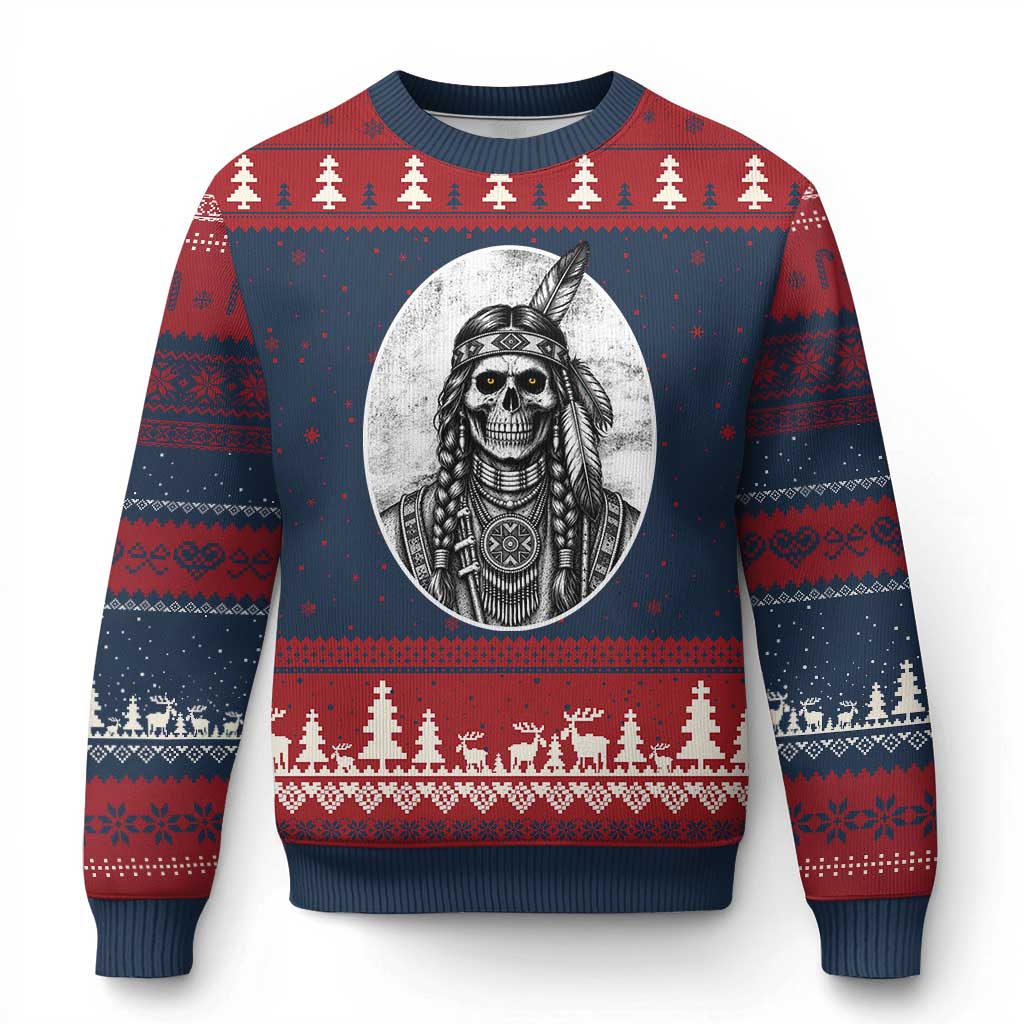 Vintage Gothic Skull Warrior Ugly Christmas Sweater Native American Feather Chief TS12 Navy Red Print Your Wear