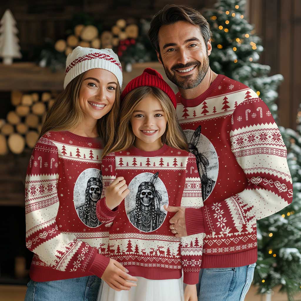 Vintage Gothic Skull Warrior Ugly Christmas Sweater Native American Feather Chief