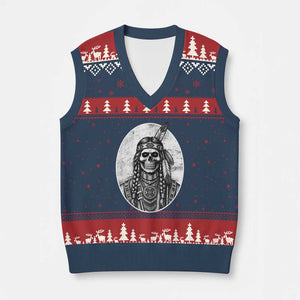 Vintage Gothic Skull Warrior V-Neck Knit Sweater Vest Native American Feather Chief