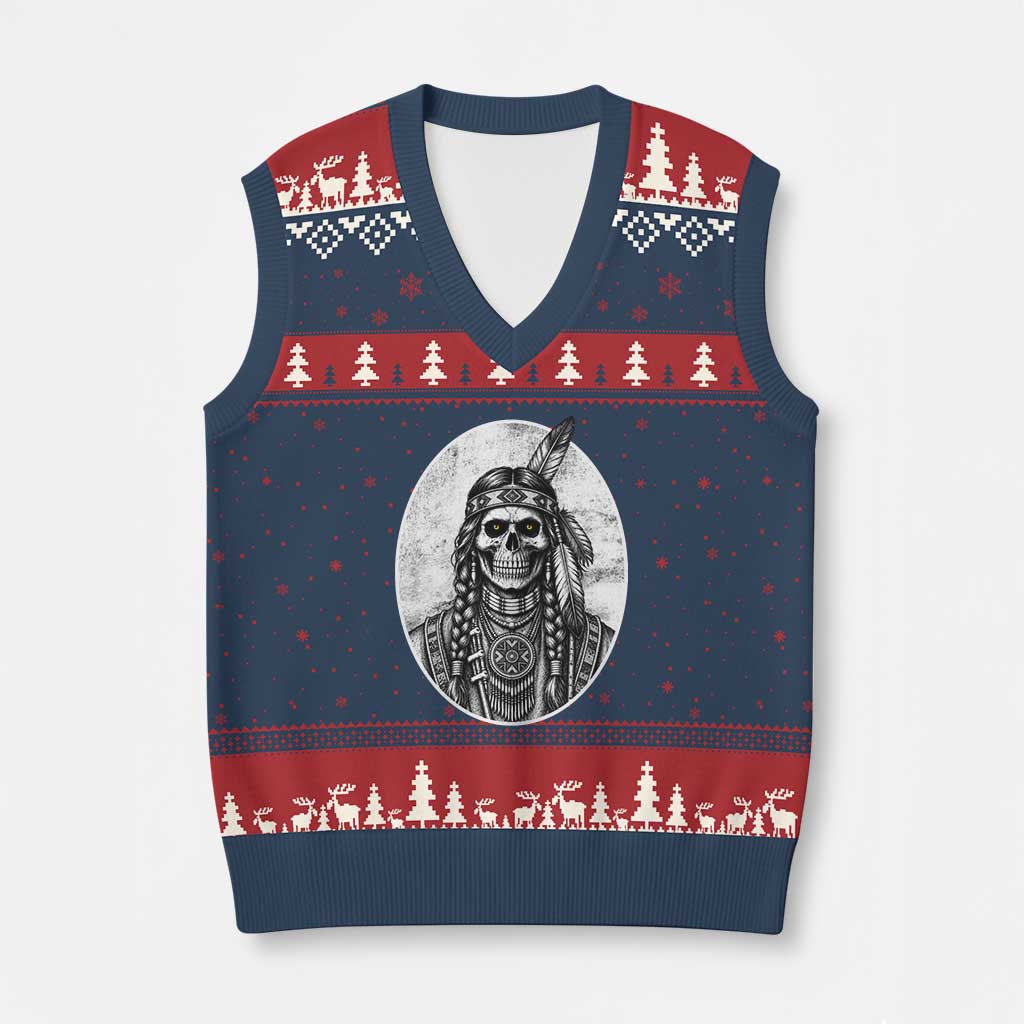 Vintage Gothic Skull Warrior V-Neck Knit Sweater Vest Native American Feather Chief TS12 Navy Red Print Your Wear