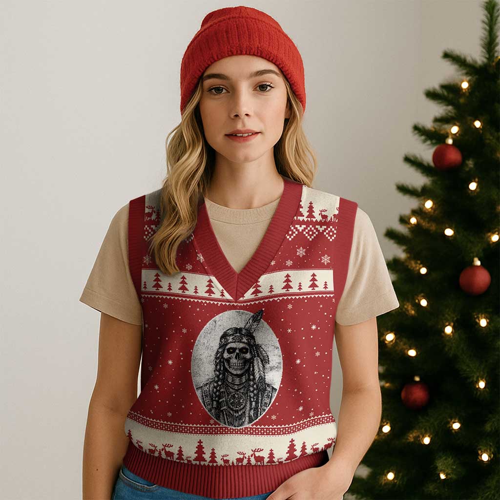 Vintage Gothic Skull Warrior V-Neck Knit Sweater Vest Native American Feather Chief
