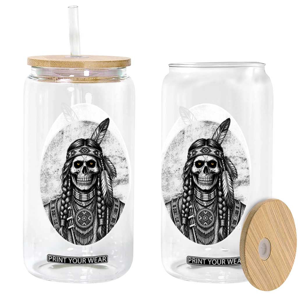 Vintage Gothic Skull Warrior Glass Can Native American Feather Chief