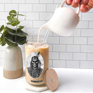 Vintage Gothic Skull Warrior Glass Can Native American Feather Chief