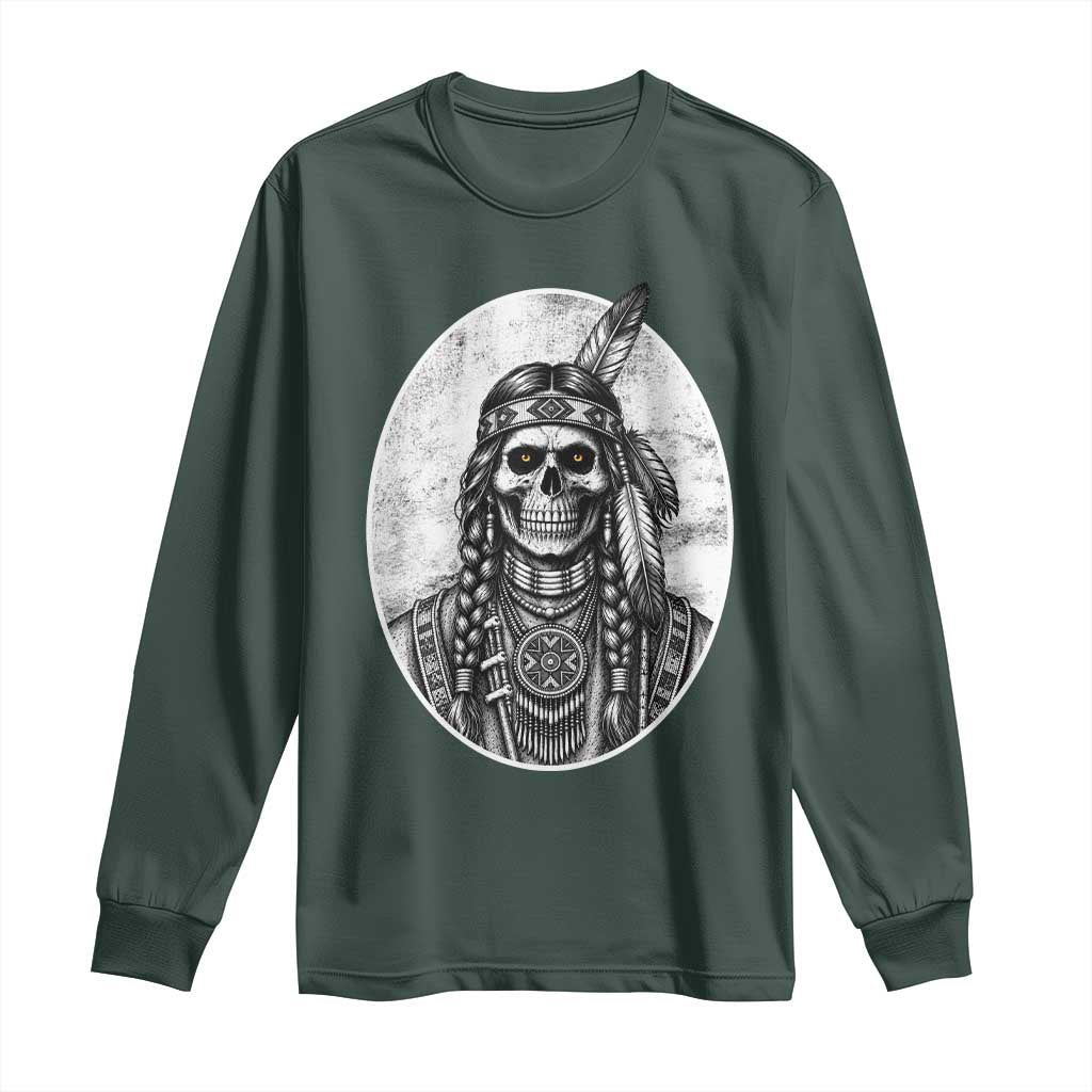 Vintage Gothic Skull Warrior Long Sleeve Shirt Native American Feather Chief