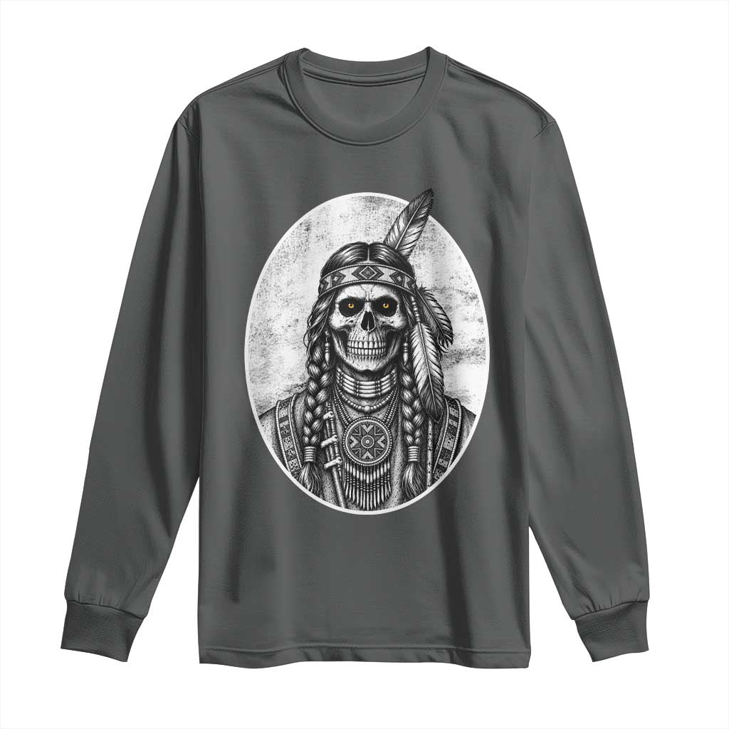 Vintage Gothic Skull Warrior Long Sleeve Shirt Native American Feather Chief