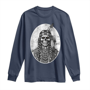 Vintage Gothic Skull Warrior Long Sleeve Shirt Native American Feather Chief
