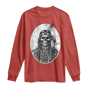 Vintage Gothic Skull Warrior Long Sleeve Shirt Native American Feather Chief