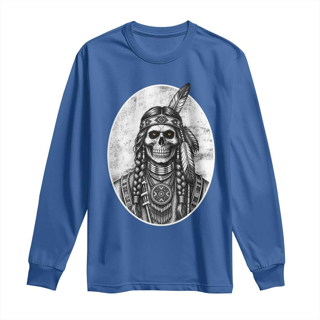 Vintage Gothic Skull Warrior Long Sleeve Shirt Native American Feather Chief