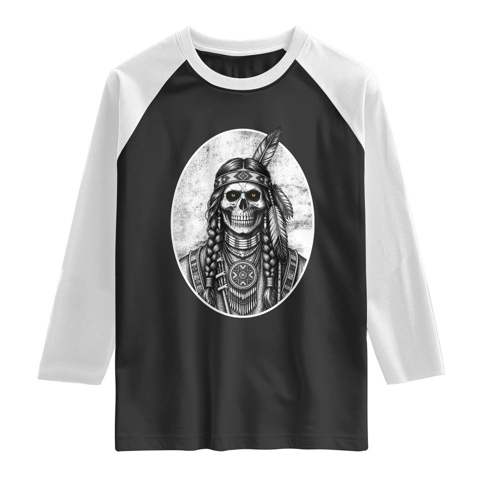 Vintage Gothic Skull Warrior Raglan Shirt Native American Feather Chief TS12 Black White Print Your Wear