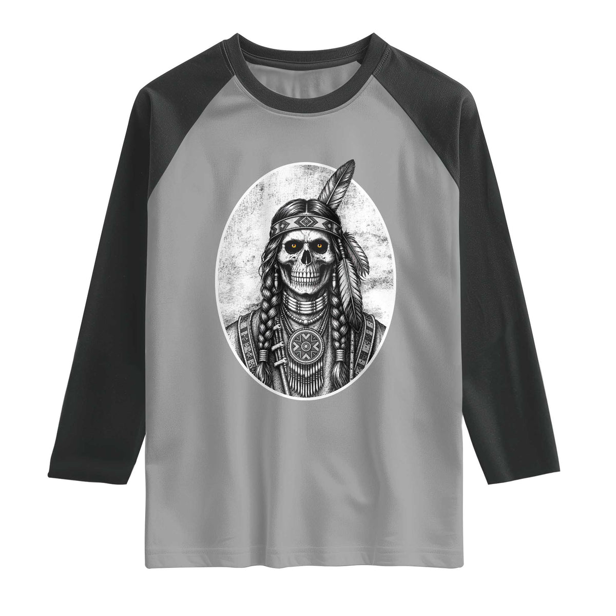 Vintage Gothic Skull Warrior Raglan Shirt Native American Feather Chief