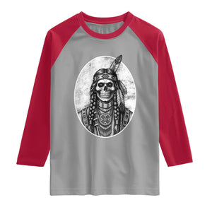 Vintage Gothic Skull Warrior Raglan Shirt Native American Feather Chief