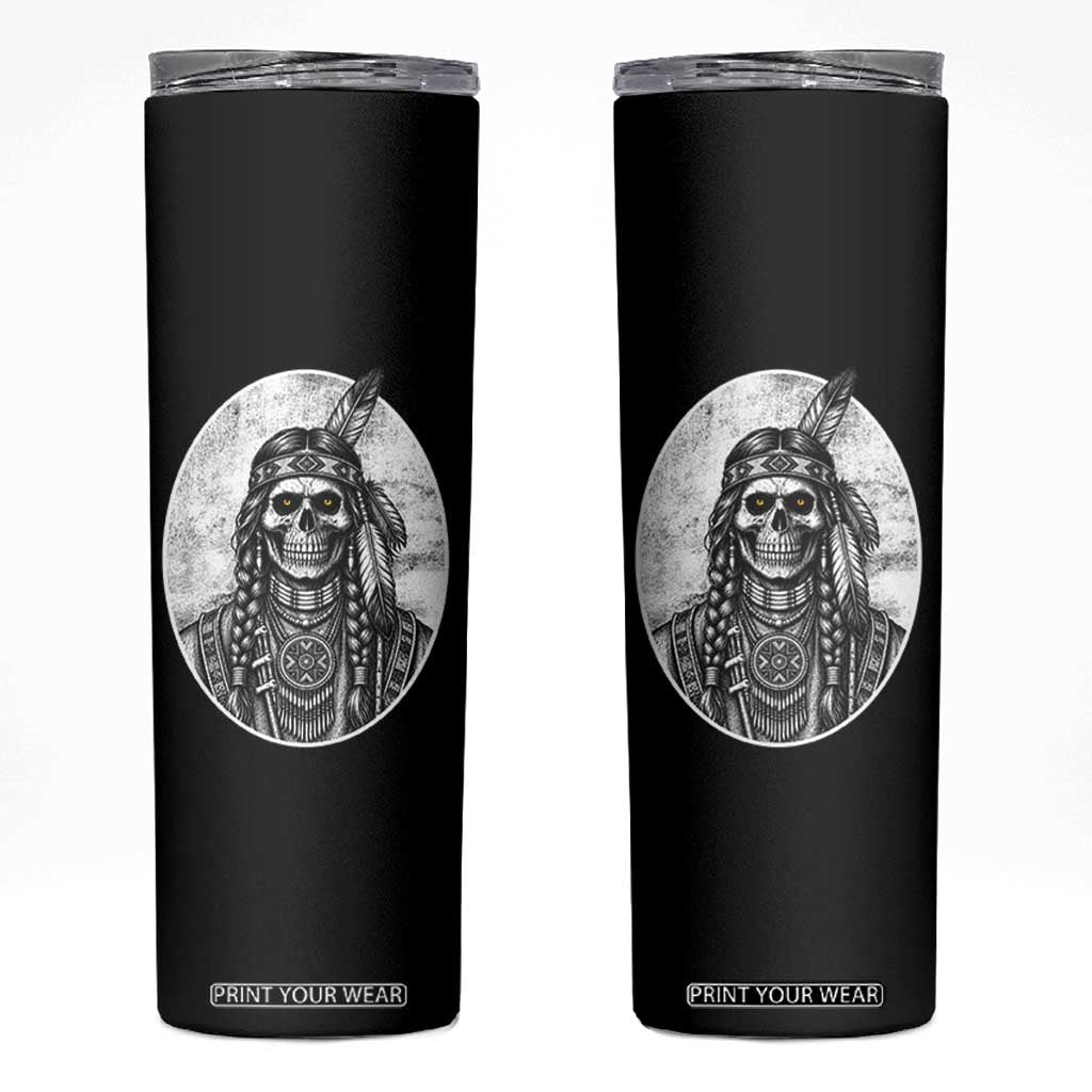 Vintage Gothic Skull Warrior Skinny Tumbler Native American Feather Chief