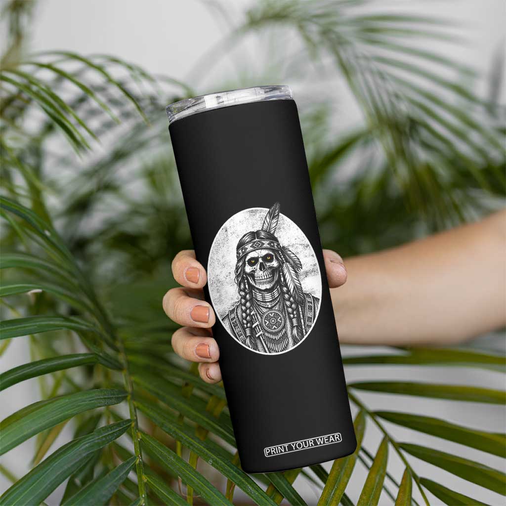 Vintage Gothic Skull Warrior Skinny Tumbler Native American Feather Chief
