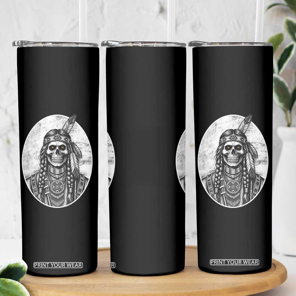 Vintage Gothic Skull Warrior Skinny Tumbler Native American Feather Chief