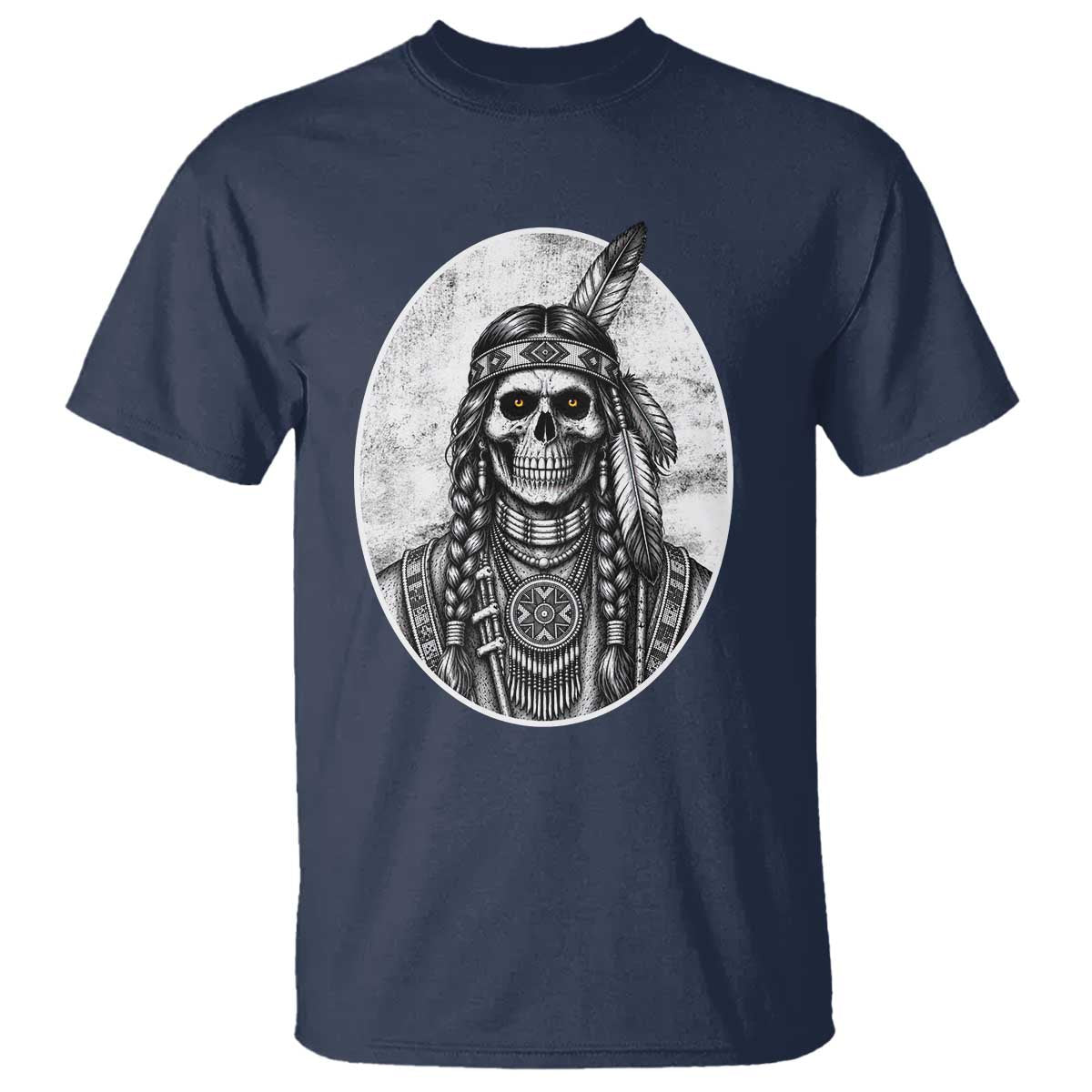 Vintage Gothic Skull Warrior T Shirt Native American Feather Chief
