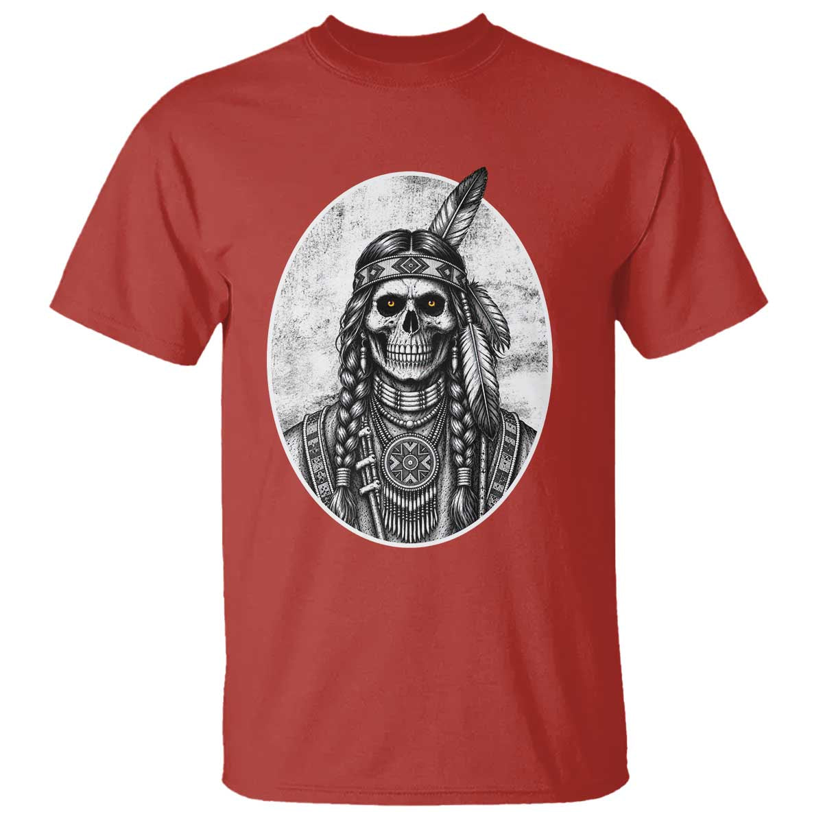 Vintage Gothic Skull Warrior T Shirt Native American Feather Chief