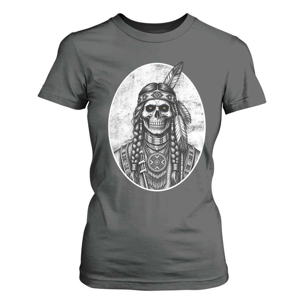 Vintage Gothic Skull Warrior T Shirt For Women Native American Feather Chief