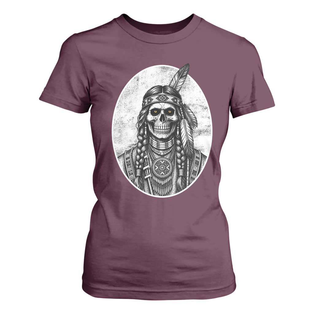 Vintage Gothic Skull Warrior T Shirt For Women Native American Feather Chief