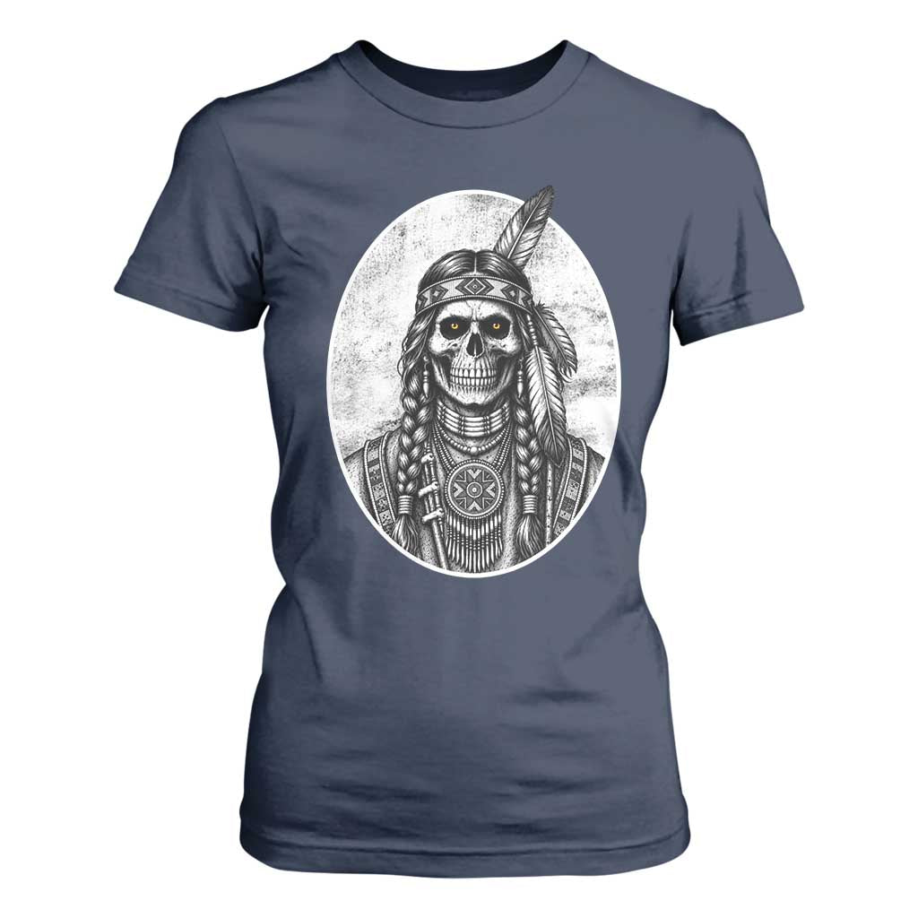 Vintage Gothic Skull Warrior T Shirt For Women Native American Feather Chief