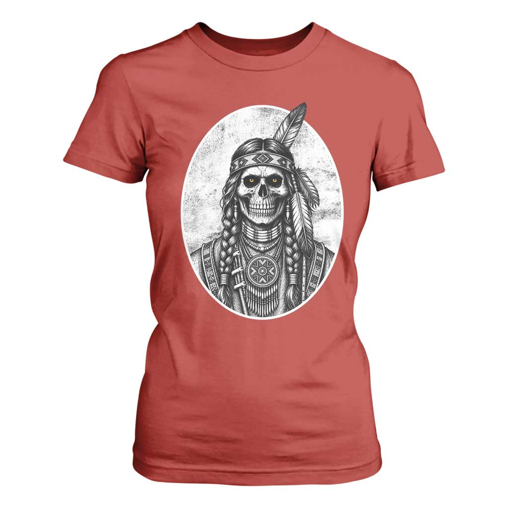 Vintage Gothic Skull Warrior T Shirt For Women Native American Feather Chief