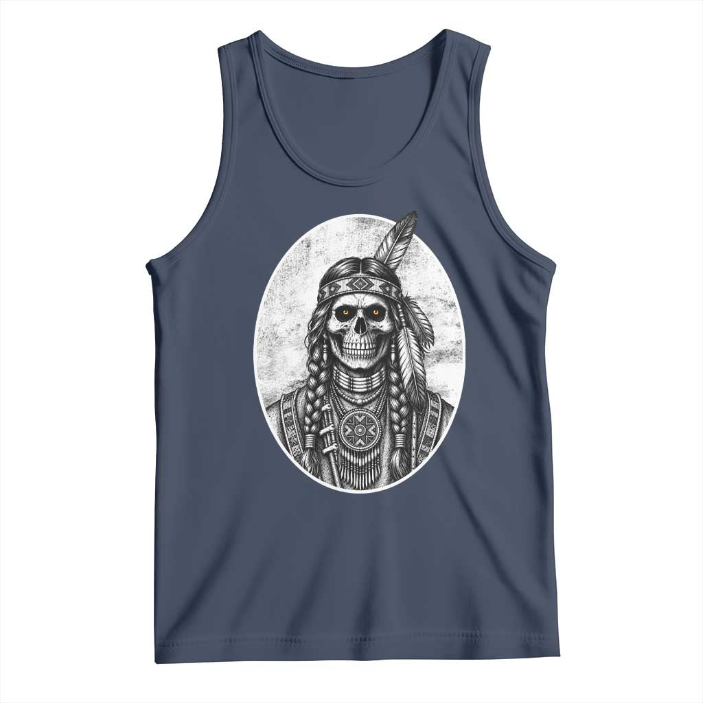 Vintage Gothic Skull Warrior Tank Top Native American Feather Chief