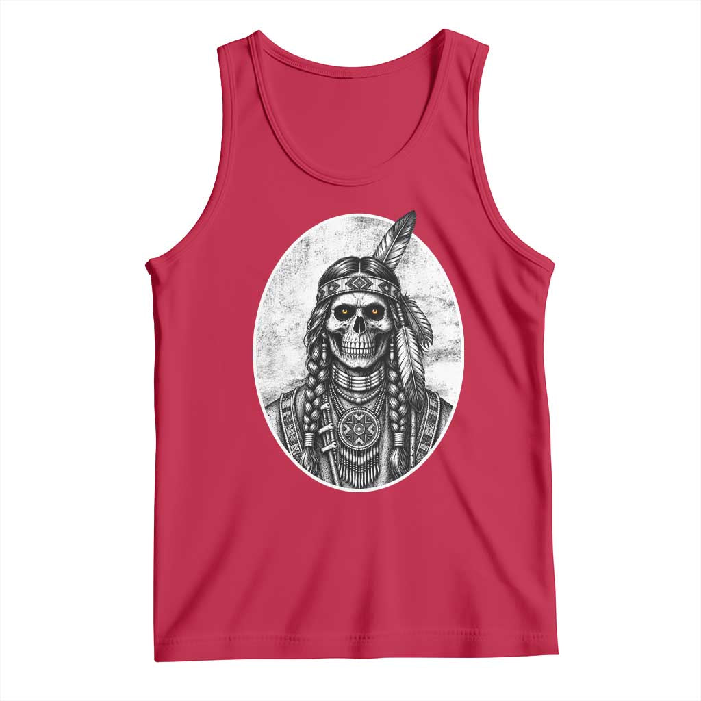 Vintage Gothic Skull Warrior Tank Top Native American Feather Chief
