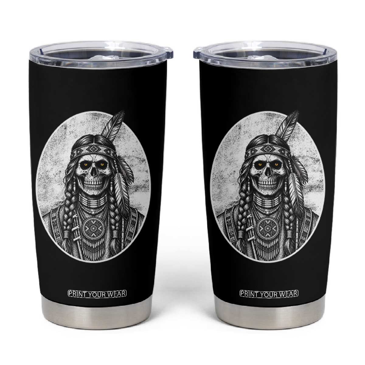 Vintage Gothic Skull Warrior Tumbler Cup Native American Feather Chief