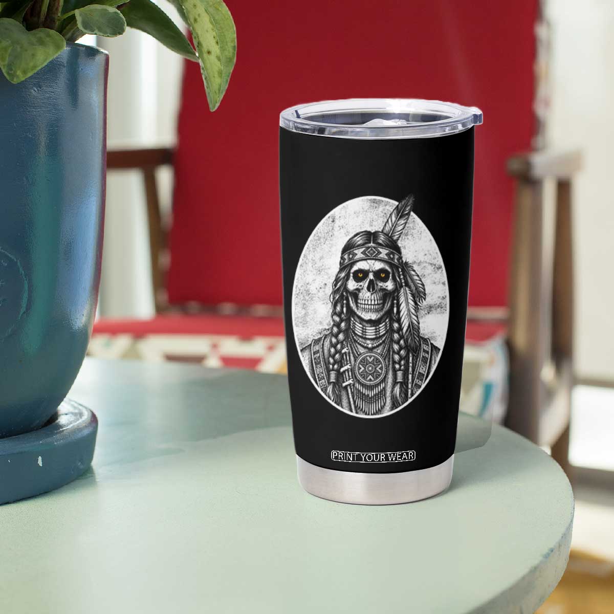 Vintage Gothic Skull Warrior Tumbler Cup Native American Feather Chief