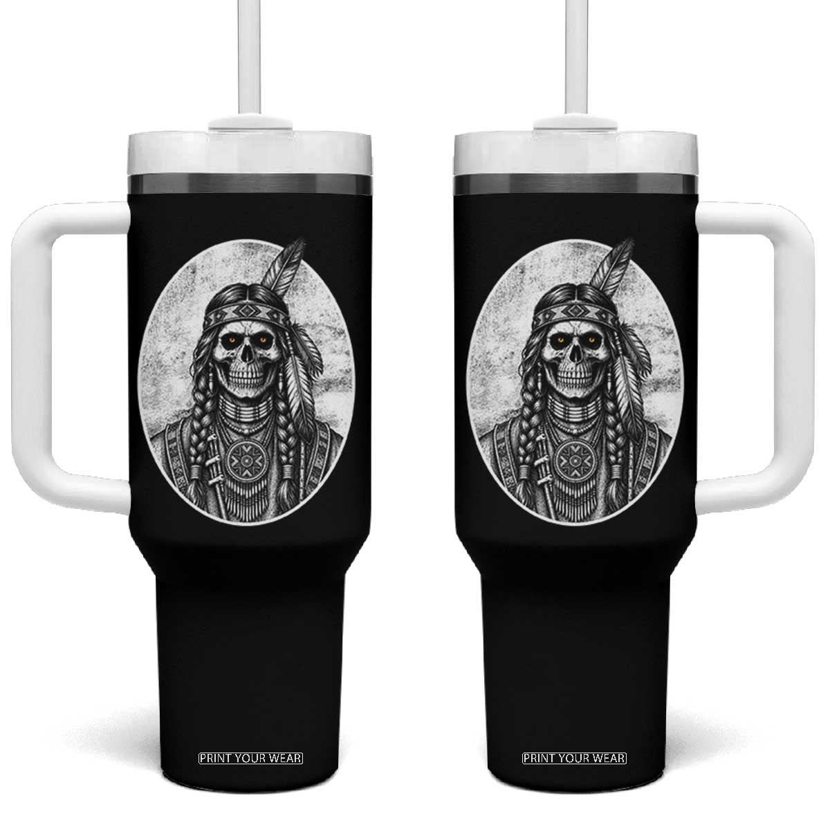 Vintage Gothic Skull Warrior Tumbler With Handle Native American Feather Chief TS12 One Size: 40 oz Black Print Your Wear