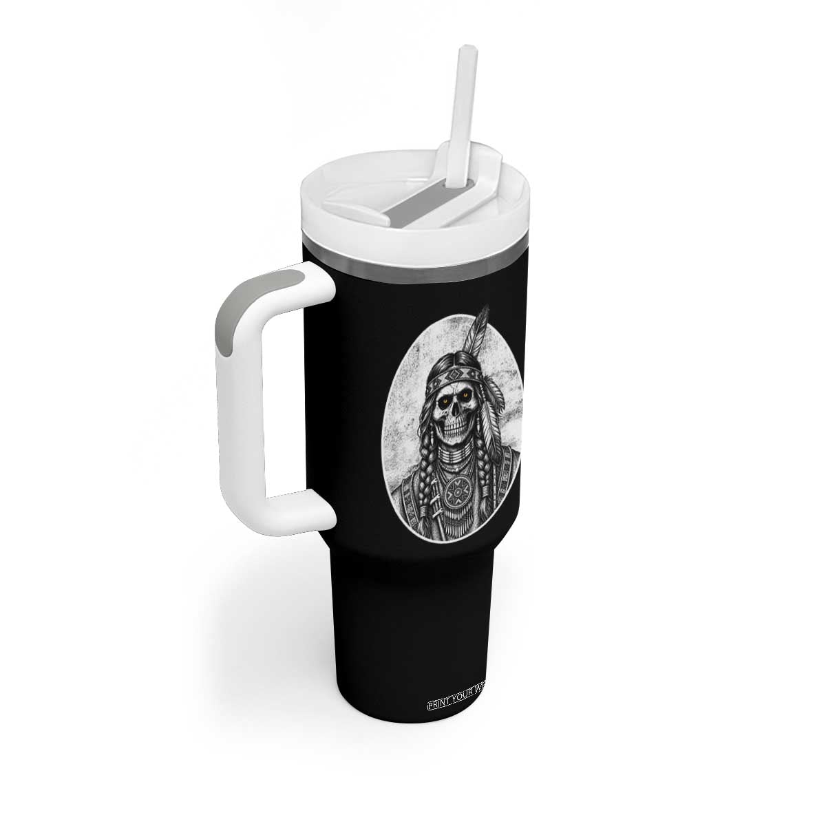 Vintage Gothic Skull Warrior Tumbler With Handle Native American Feather Chief