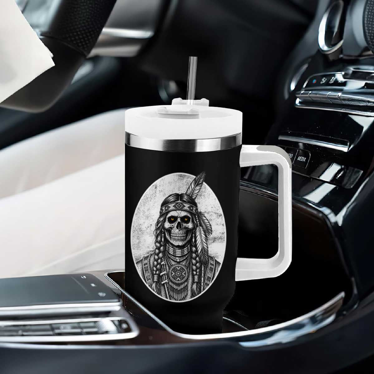 Vintage Gothic Skull Warrior Tumbler With Handle Native American Feather Chief