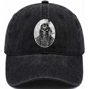 Vintage Gothic Skull Warrior Washed Cotton Baseball Cap Native American Feather Chief