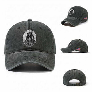 Vintage Gothic Skull Warrior Washed Cotton Baseball Cap Native American Feather Chief