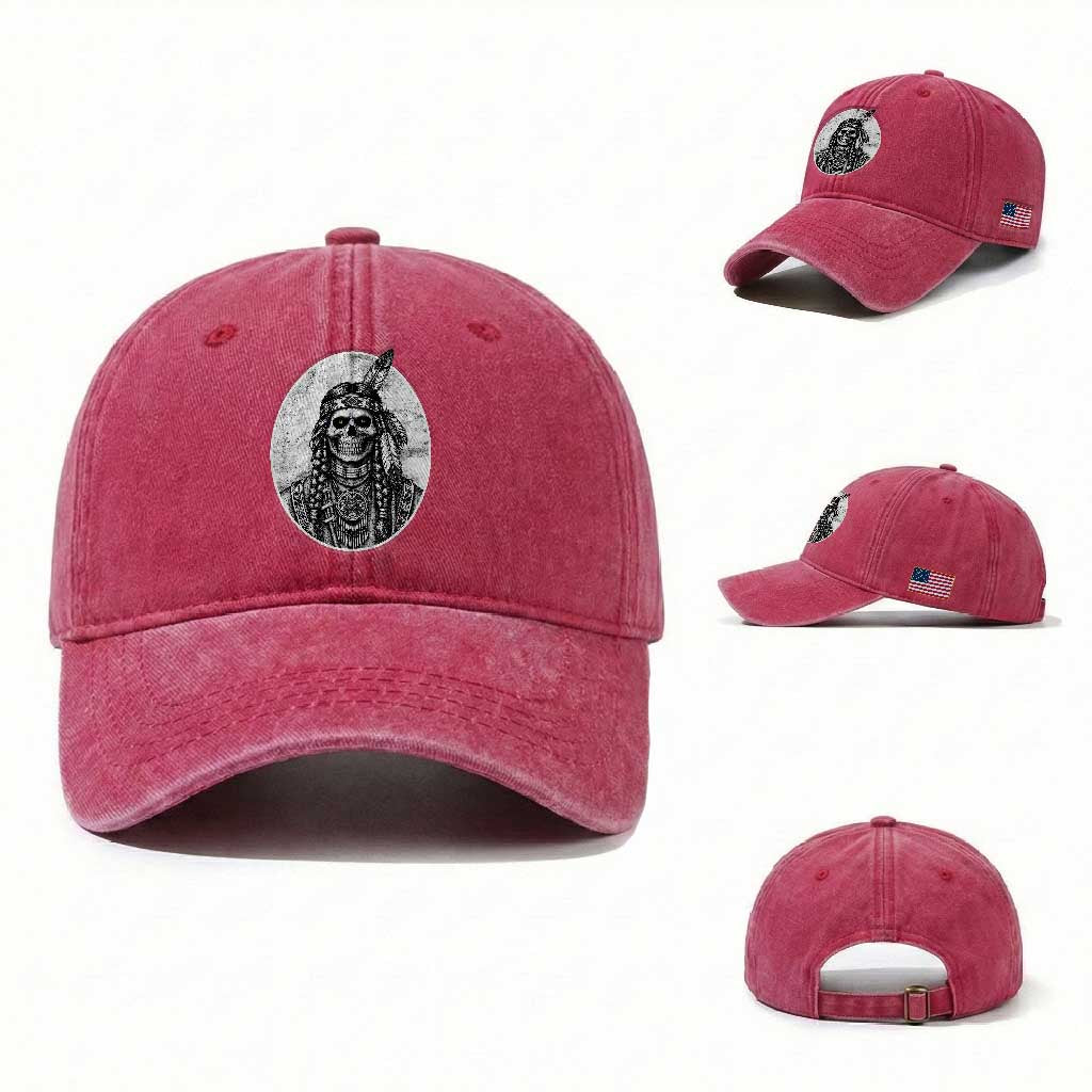 Vintage Gothic Skull Warrior Washed Cotton Baseball Cap Native American Feather Chief
