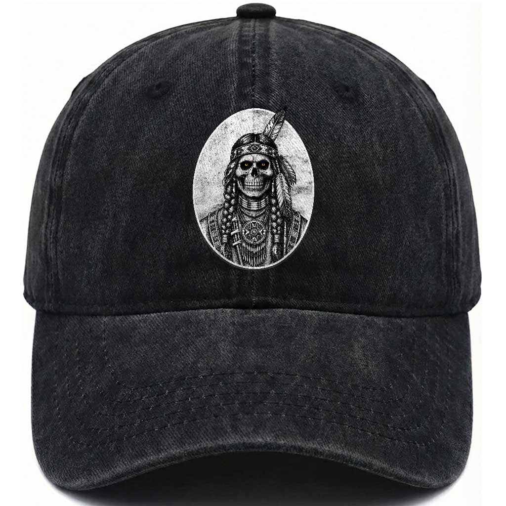 Vintage Gothic Skull Warrior Washed Cotton Baseball Cap Native American Feather Chief TS12 Print Your Wear