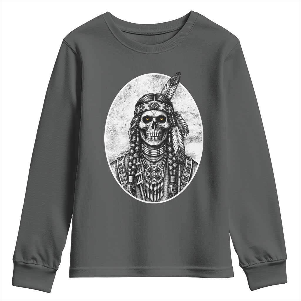 Vintage Gothic Skull Warrior Youth Sweatshirt Native American Feather Chief