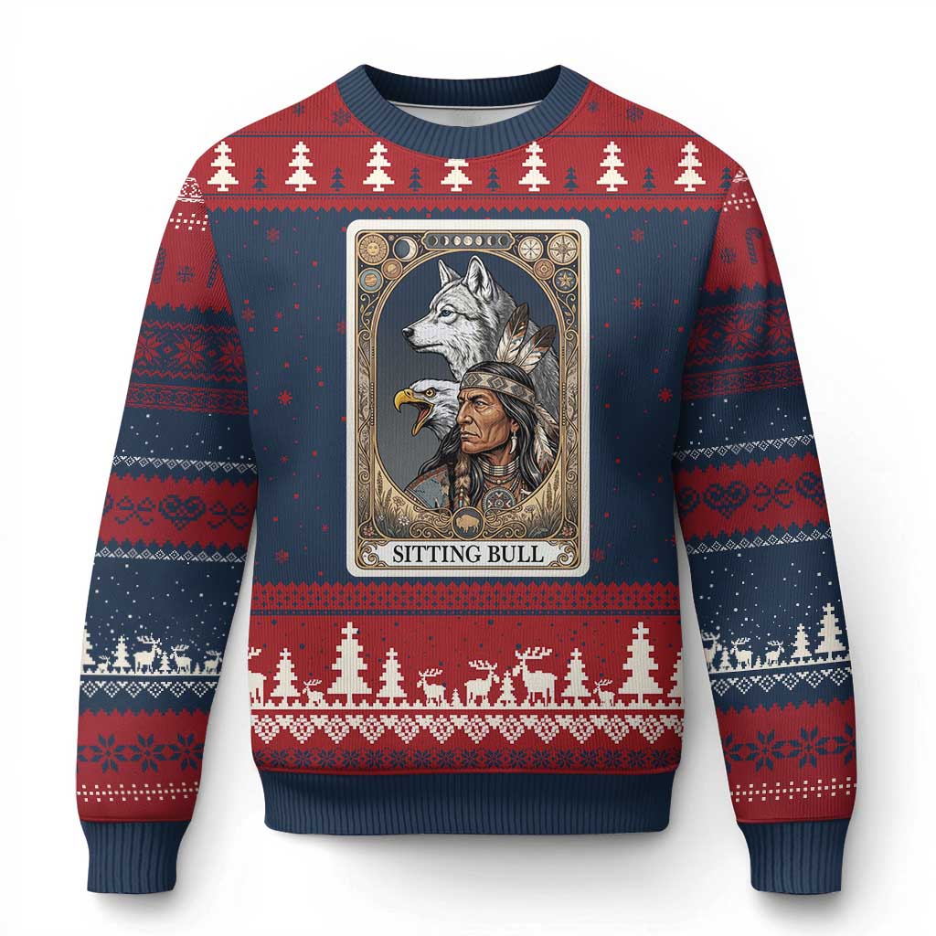 Sitting Bull Native American Chief Ugly Christmas Sweater Vintage Tarot Card Illustration TS12 Navy Red Print Your Wear