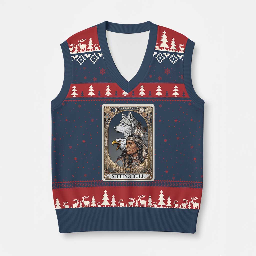 Sitting Bull Native American Chief V-Neck Knit Sweater Vest Vintage Tarot Card Illustration