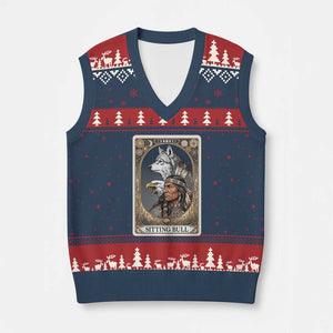 Sitting Bull Native American Chief V-Neck Knit Sweater Vest Vintage Tarot Card Illustration