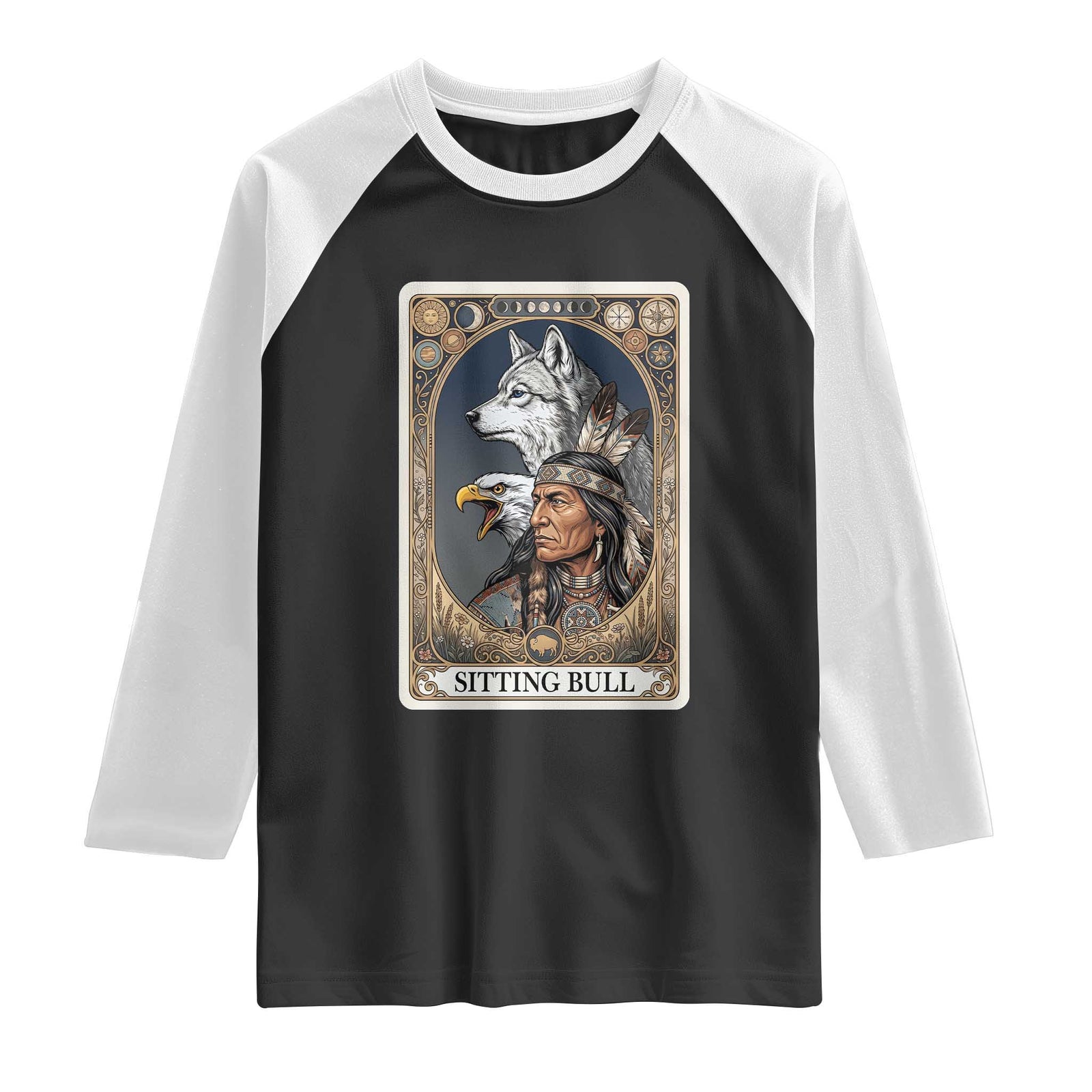 Sitting Bull Native American Chief Raglan Shirt Vintage Tarot Card Illustration TS12 Black White Print Your Wear