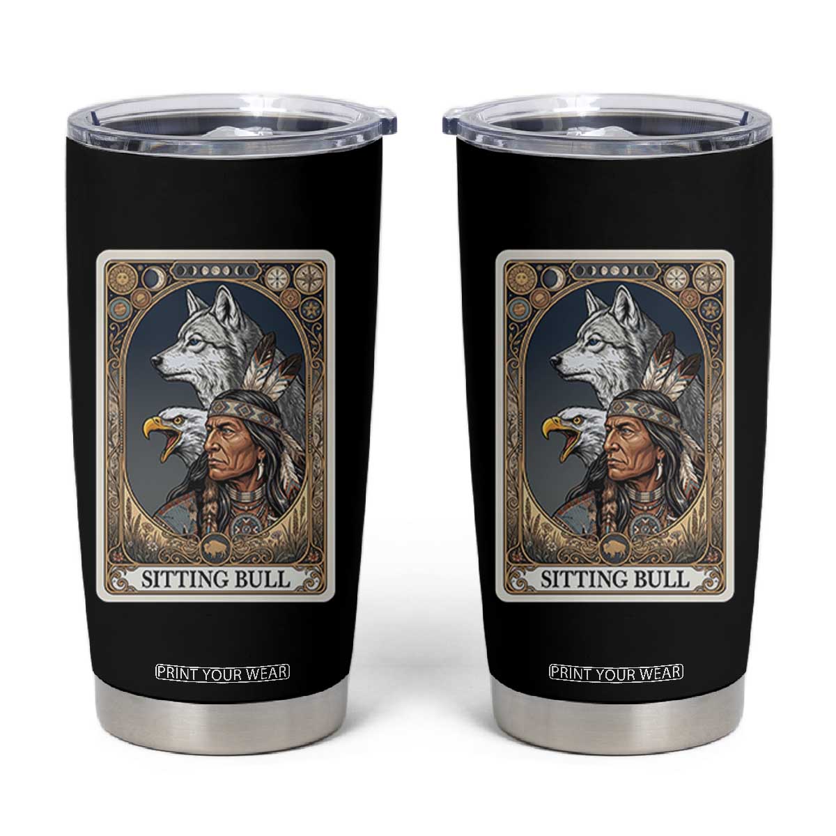 Sitting Bull Native American Chief Tumbler Cup Vintage Tarot Card Illustration TS12 Black Print Your Wear